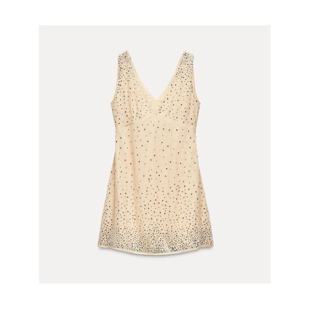 ZARA NEW TAN CRYSTALS EMBELLISHED Beaded V-Neck Cream Mini Dress